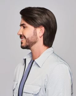 Sharp Men's Wig By HIM | Mono Top | Human Hair Blend -Do it with Wig shop. HIM Sharp Model2 Styled Side1